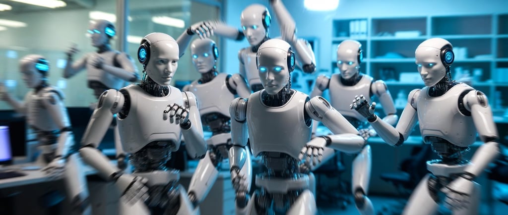 A group of humanoid robots dancing in a futuristic laboratory setting