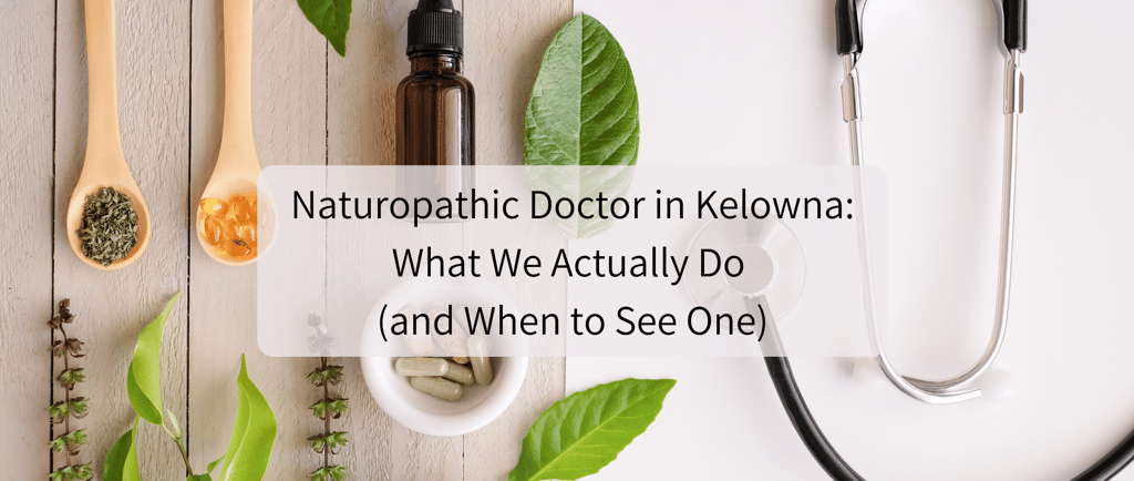 A medical stethoscope alongside herbal supplements and green leaves for a Kelowna naturopathic doctor.