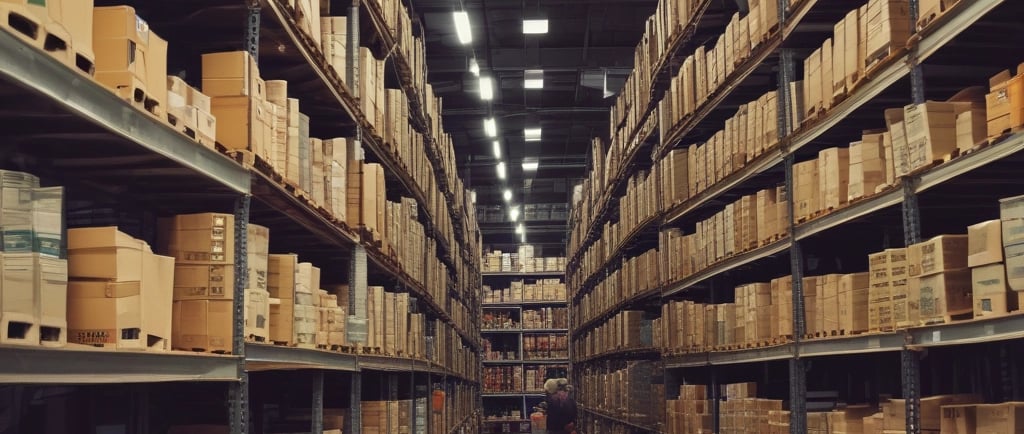 A man walking down a long aisle of shelves with boxes of boxes