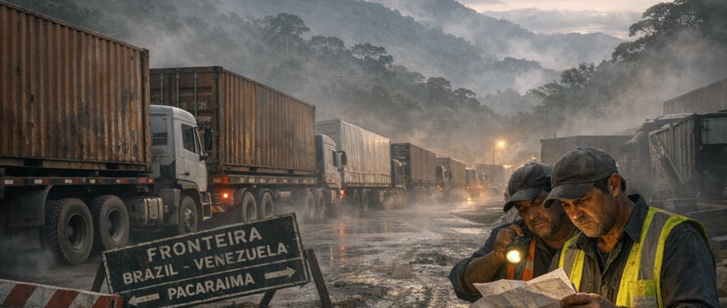 two men standing in front of a truck - Desafios logisticos Brasil Venezuela