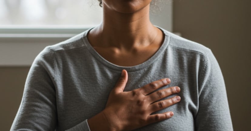 A woman practicing mindful meditation and deep breathing exercises with her hand on her chest.