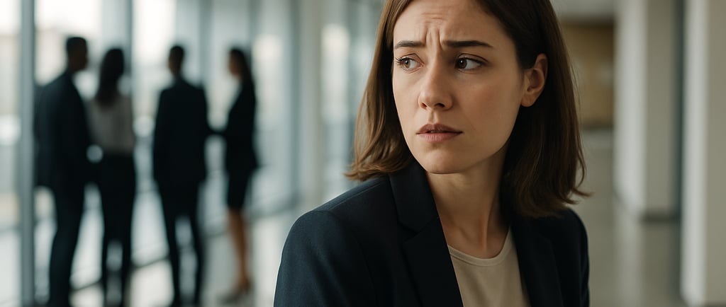 a woman in a suit looking back at the team she must now lead
