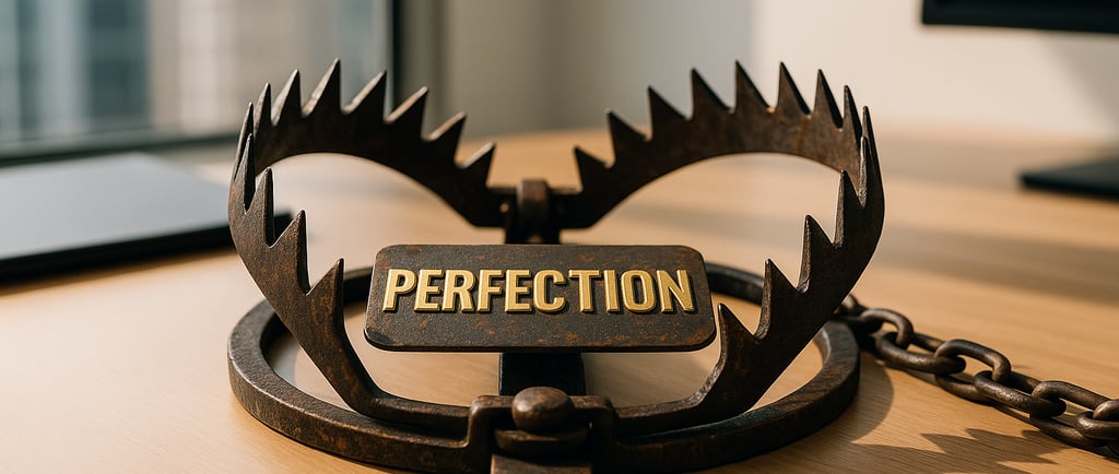 a trap sitting on a desk with the word "perfection as the bait in the trap.