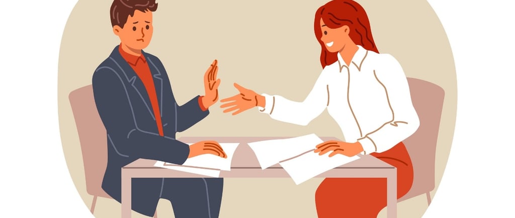 A cartoon of a woman extending a hand and a gentleman refusing, demonstrating resistance.