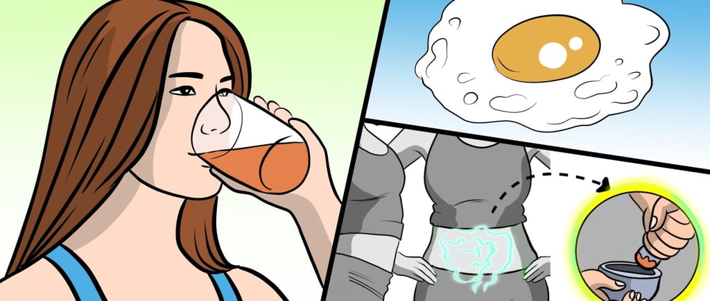 a woman drinking a cup of juice with an egg and an image of a female's abdomen