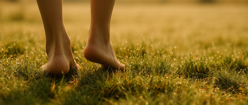 Barefoot on green grass grounding and connecting to mother earth.