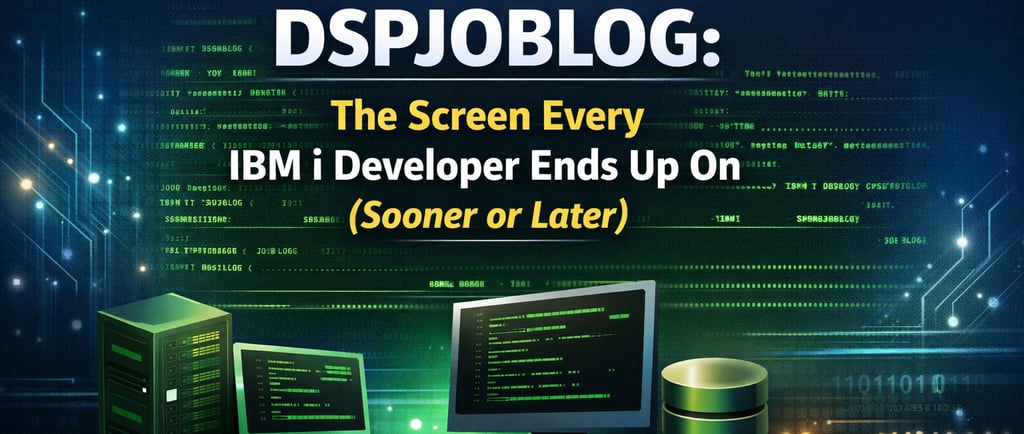 Illustration showing IBM i systems and job log screens used by developers to analyze job execution