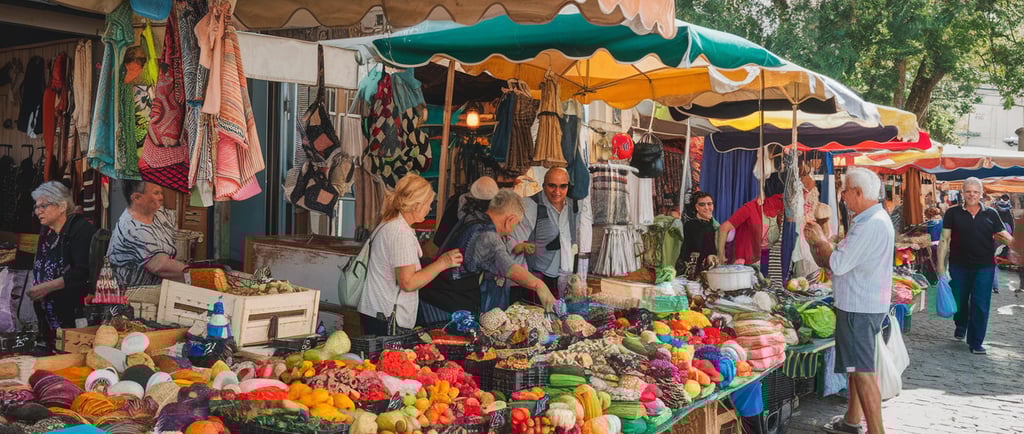 a group of people standing in local market with fruit and vegetables