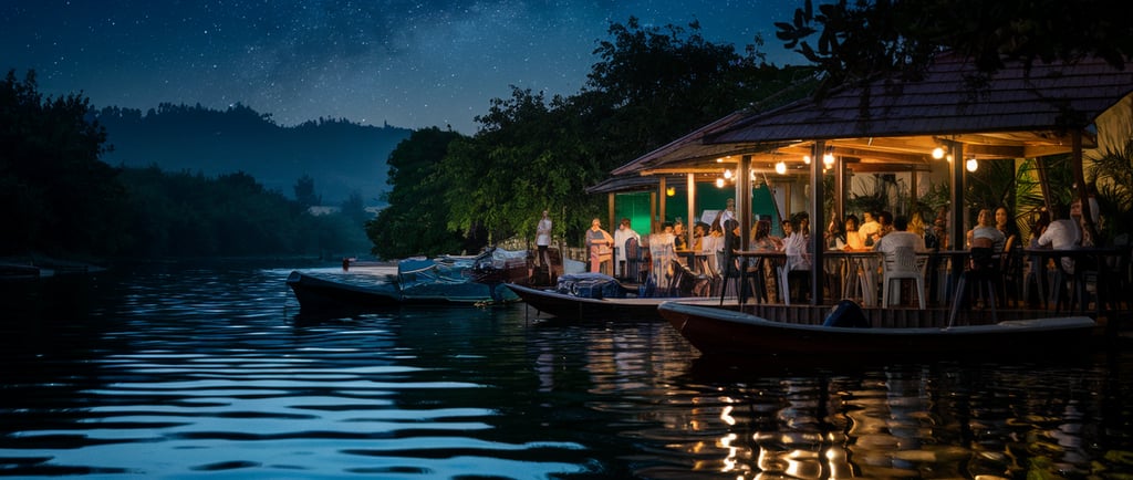 people sitting at a table near the river