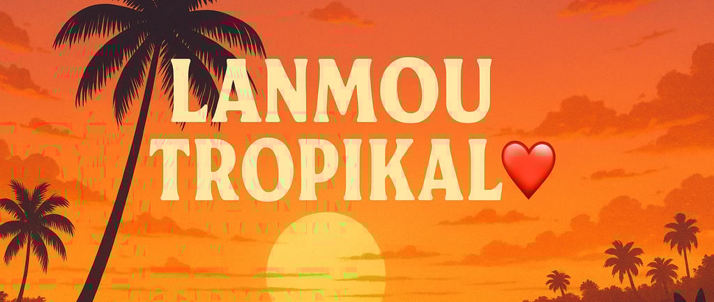 image d'une plage couché de soleil orangé ou il est écris Lanmou Tropikal