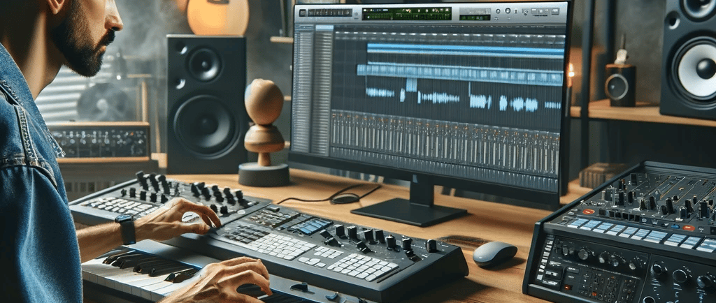 a man working music with a keyboard on the pc