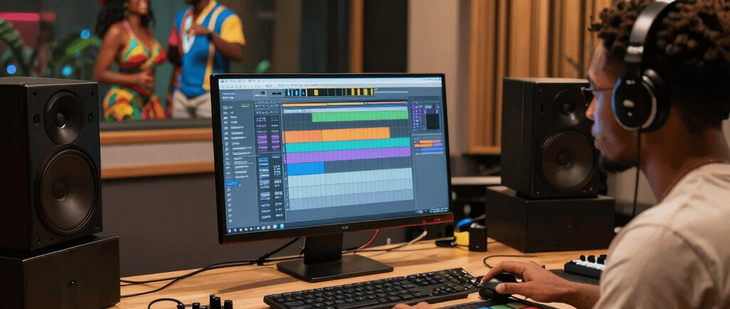 A music producer wearing headphones works on a digital audio workstation in a professional recording studio.