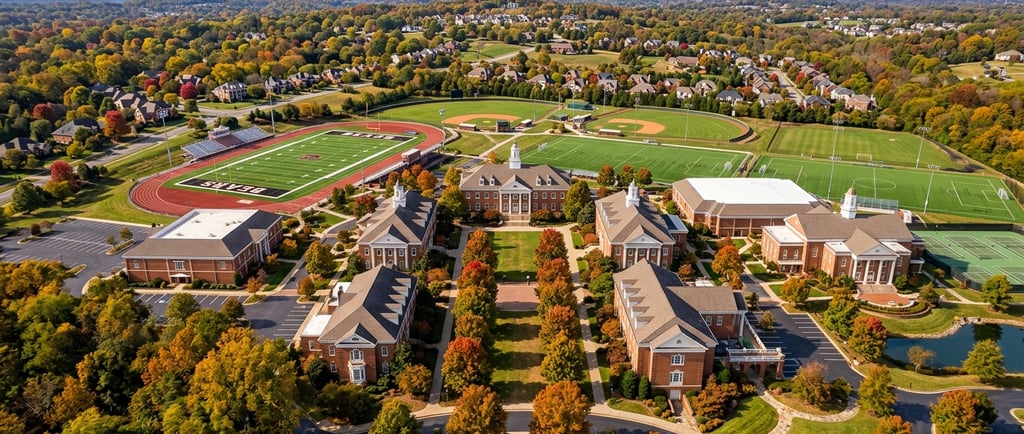 Aerial view of a private school campus near Cherokee Park Duplex in Nashville's West End