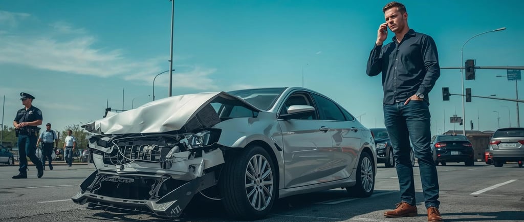 a man standing next to a car with a damaged car in the background