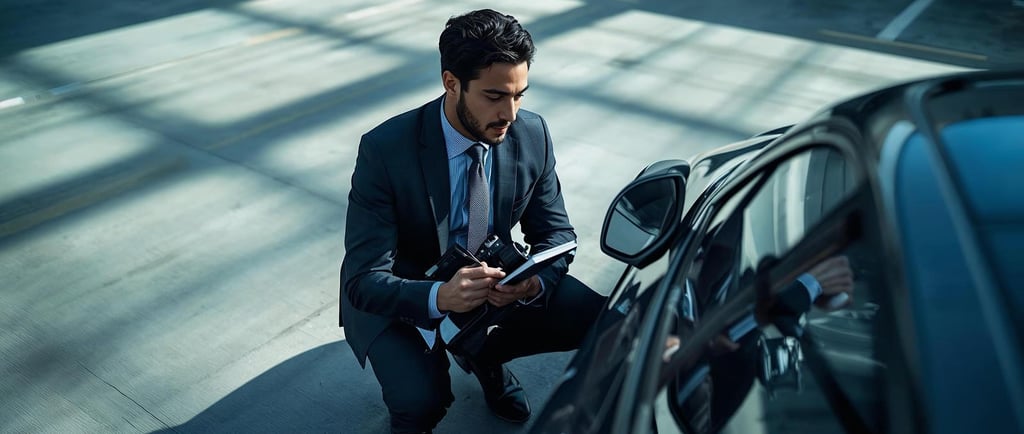 a man in a suit and tie is looking at a black car