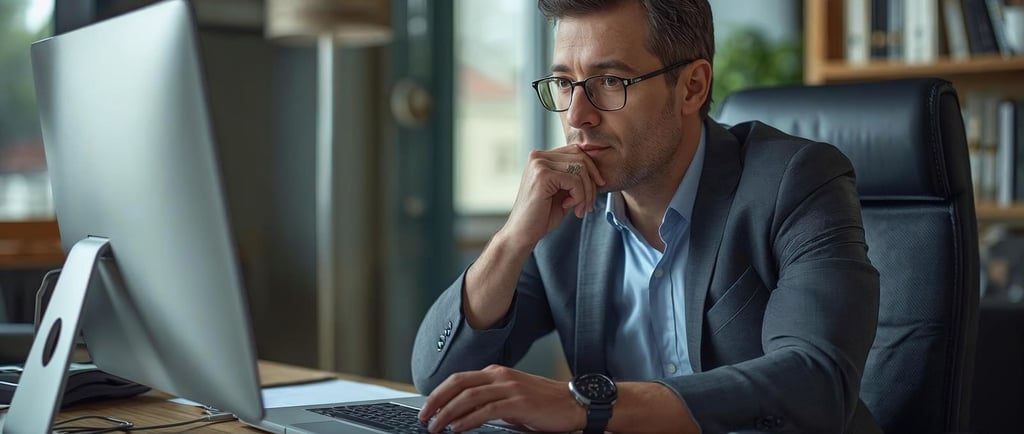 a man in a suit and glasses sitting at a desk