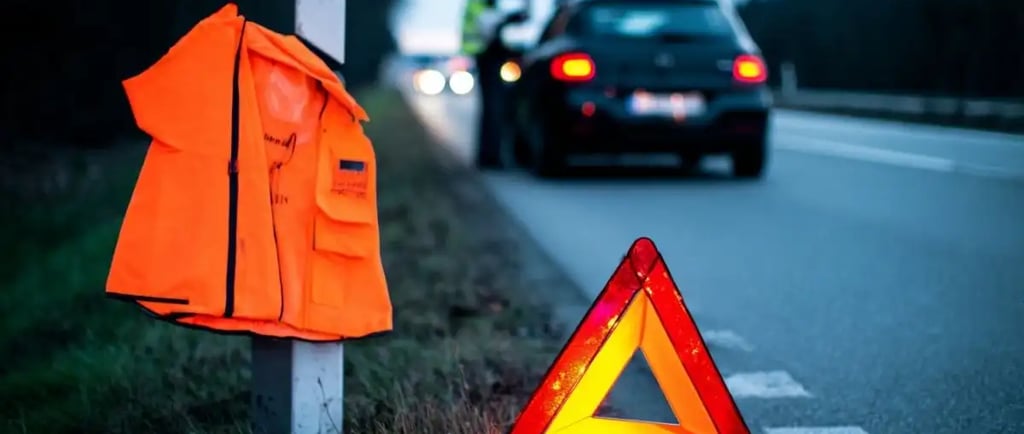 Sicherung der Unfallstelle mit Warndreieck und Warnweste