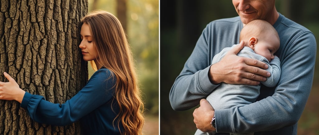 Dos escenas de conexión: una persona abrazando un tronco de un árbol en un bosque  y un padre abrazando tiernamente a su beb,