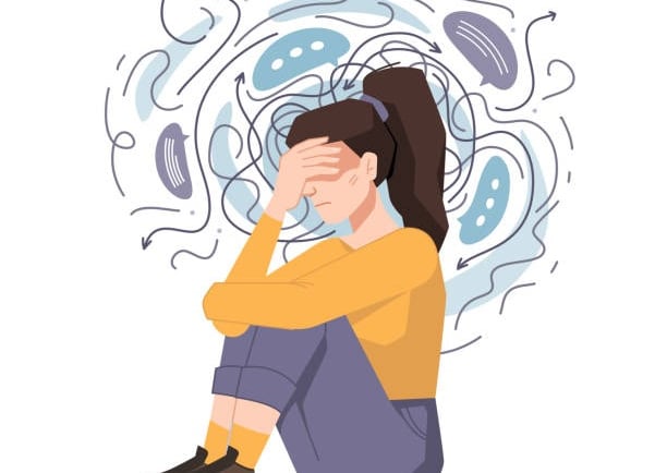 Ilustración de mujer con ansiedad y estrés, cubriendo su rostro por pensamientos confusos