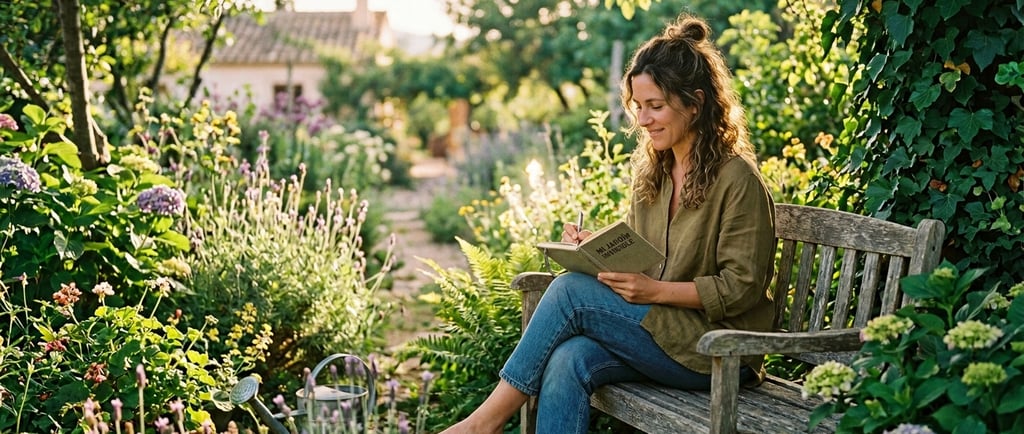 Mujer en un jardín escribiendo en su diario 'Mi jardín invisible'. Concepto de salud mental, paz y autocuidado emocional.