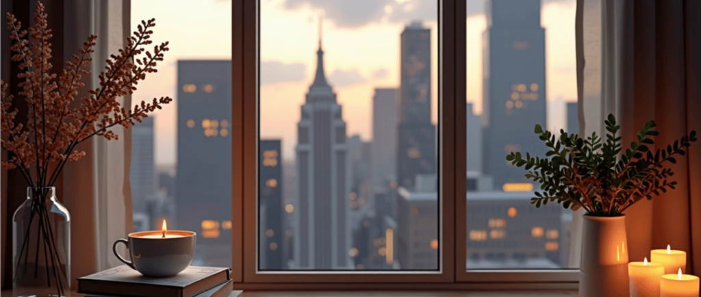 a candle lite up in the window of a city