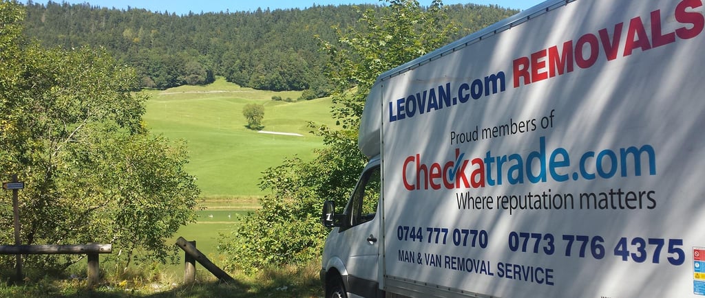 a truck with leovan.com sign parked in nature
