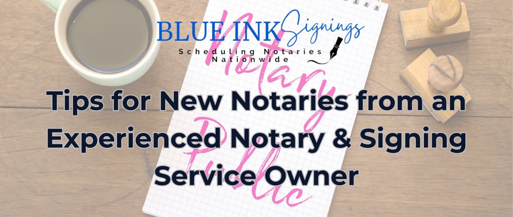 Blog graphic with a cup of coffee, a couple of rubber stamps & a note pad that reads notary public