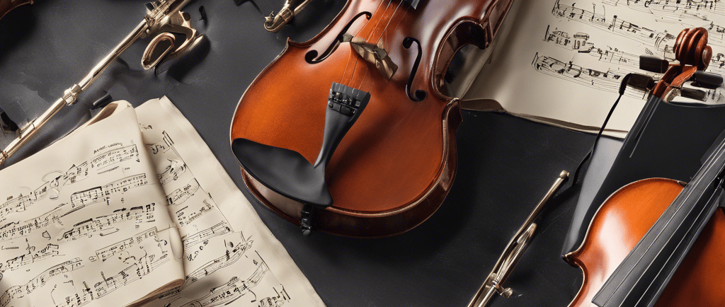 a violin and musical instruments on a table