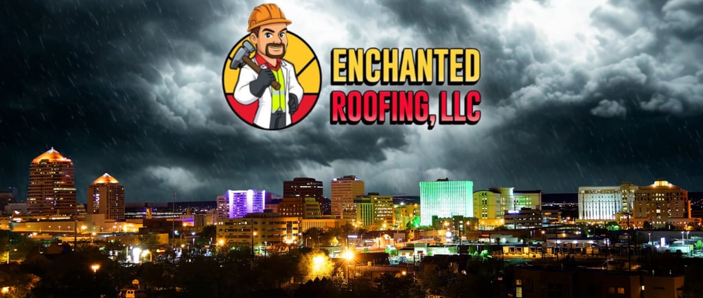 Enchanted Roofing, LLC logo over a stormy night sky and illuminated city skyline for emergency roofing services.