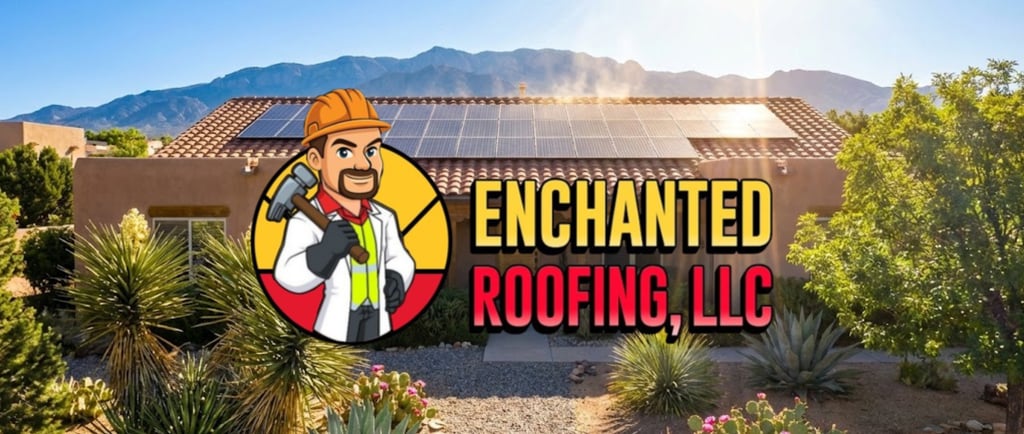 Enchanted Roofing, LLC logo on a home with solar panels and desert landscaping in front of mountains.