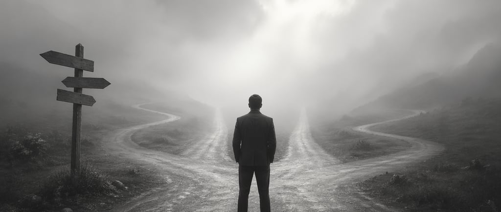 Leader standing at a foggy crossroads representing decision-making under uncertainty