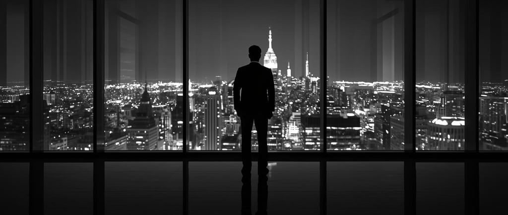 Black and white image of a business leader standing in a boardroom at night, with a layered reflecti