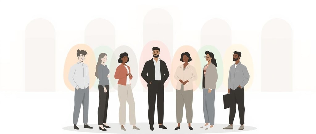 Diverse team with blended colored glows representing Big Five personality traits working together.