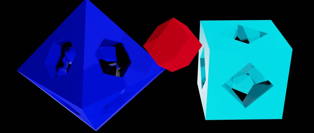 A rhombic dodecahedron flanked by an octahedron and a cube bearing holes.