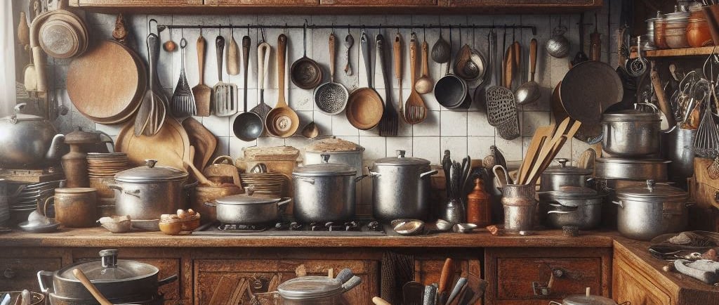 COZINHA BAGUNÇADA COM ARMÁRIOS VELHOS