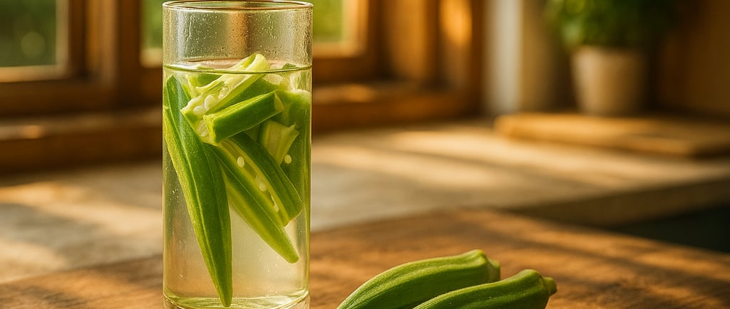 okra water in a glass on a wooden table in the kitchen
