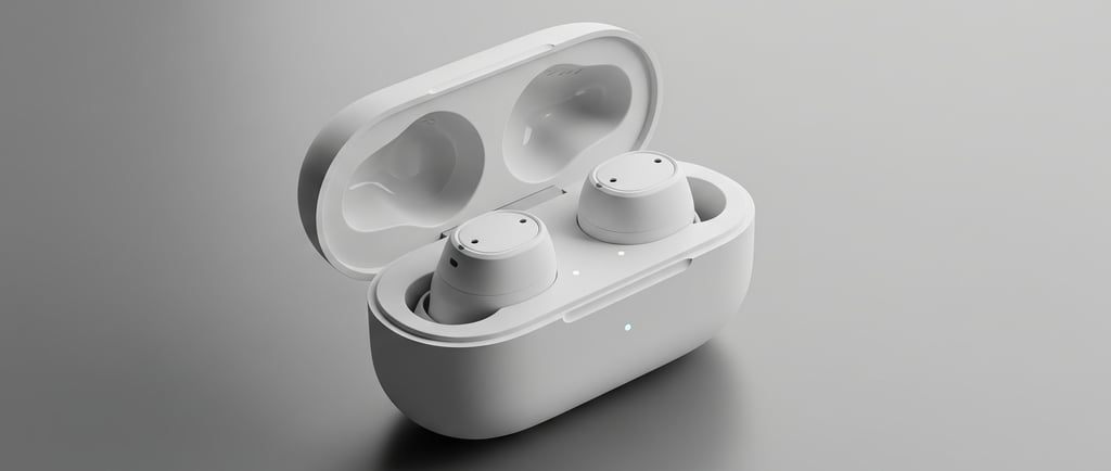 um par de fones de ouvido com estojo branco e um estojo branco