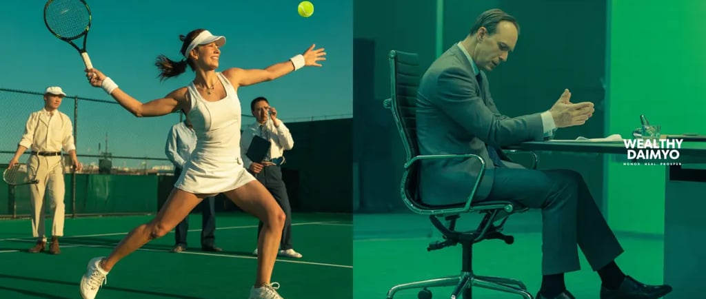 Executive playing tennis while another suffers under workplace pressure