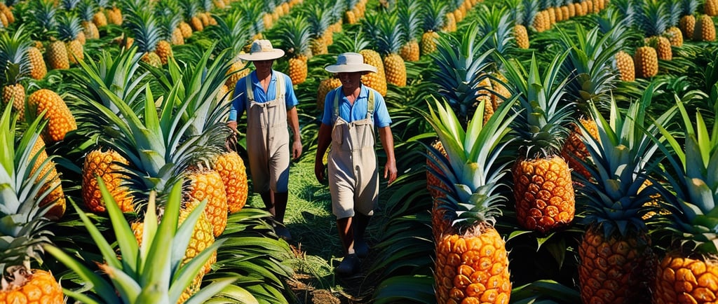 Deux agriculteurs traversant et controlant leur champ d'ananas bio.