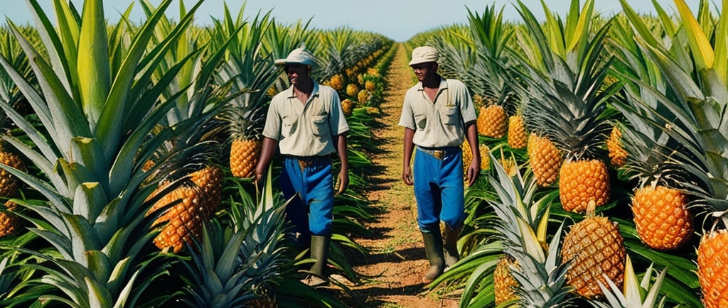 Un champ d'ananas murs ou deux agriculteurs sillonnent et controlent les fruits.