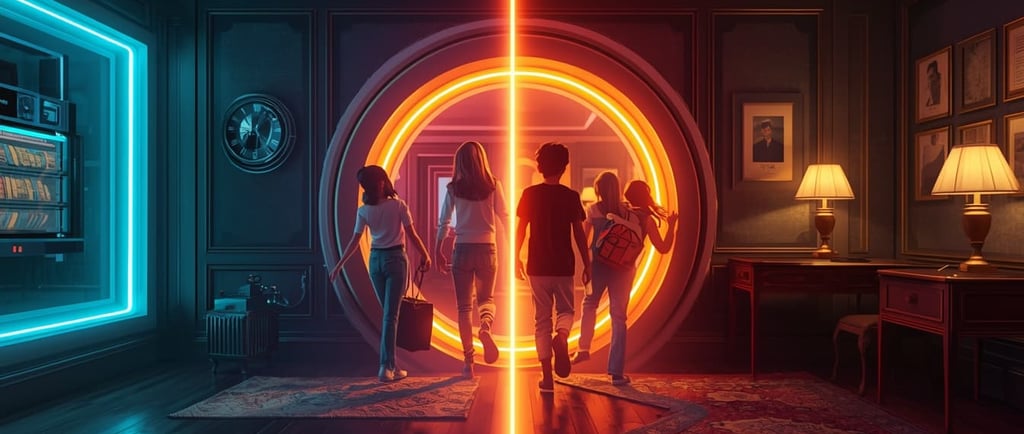 Deca prolaze kroz portal vremeplova iz futurističke sobe u retro sobu iz 1930-ih u sklopu Teslin kod escape room avanture.