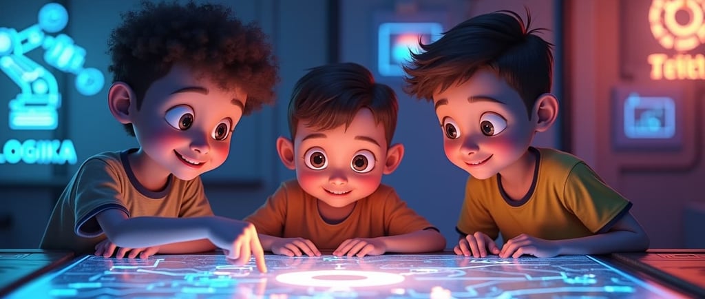 Troje dece u Pixar stilu rešava interaktivnu, futurističku STEM zagonetku u Exploroom igraonici Niš.