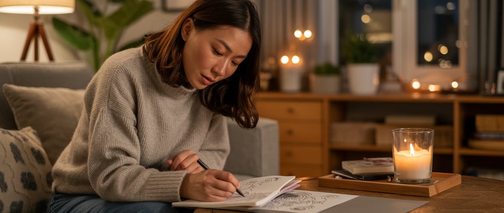 a woman sitting on a couch with a notebook and a candle