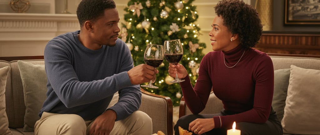 a man and woman sitting on a couch with candles