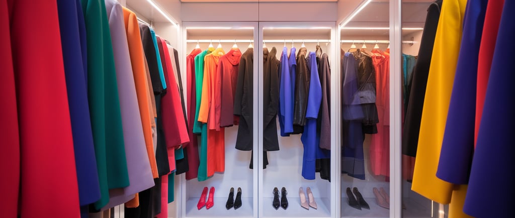 a closet with clothes and shoes on display