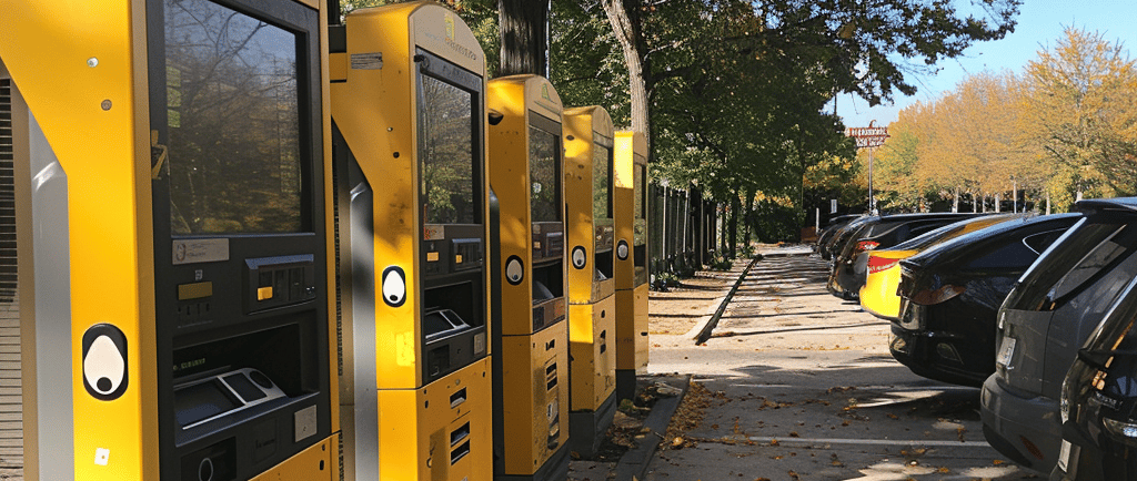 a row of parking meters with parking meters on each side of them
