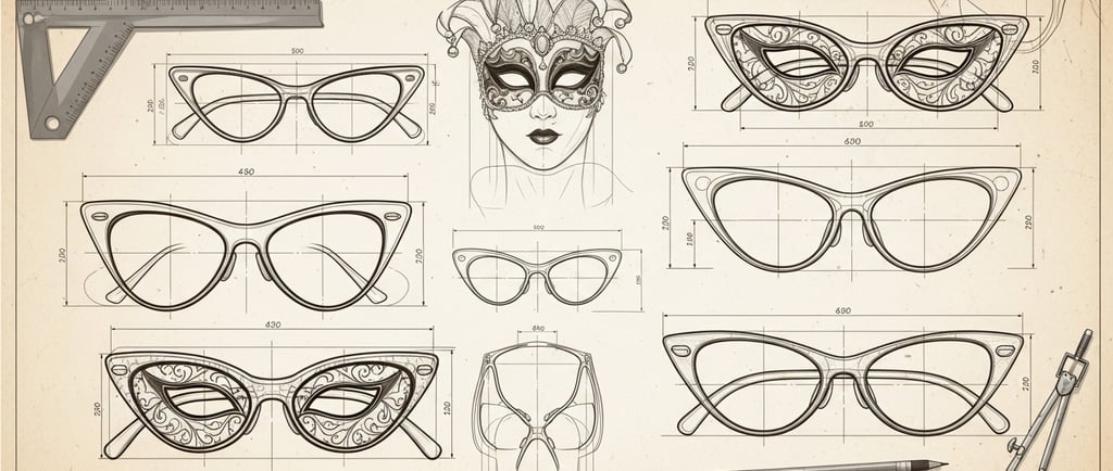 Bocetos técnicos vintage del diseño original de lentes cat-eye años 1930, inspiración art déco