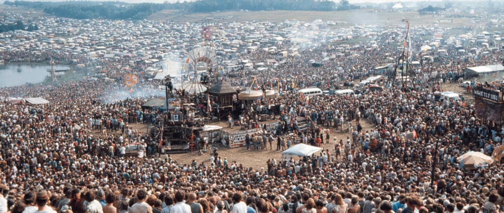 Vista atmosférica del festival de Woodstock 1969 