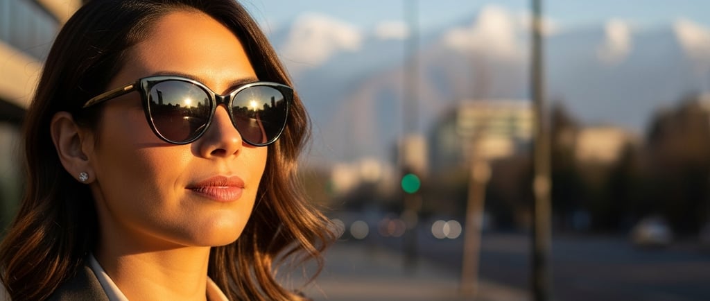 Mujer profesional chilena usando lentes cat-eye elegantes en Santiago con Cordillera de los Andes
