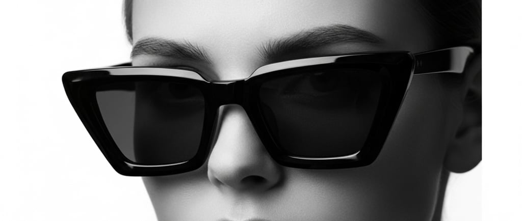 Close-up artístico de lentes cat-eye premium con rostro parcialmente visible, iluminación dramática